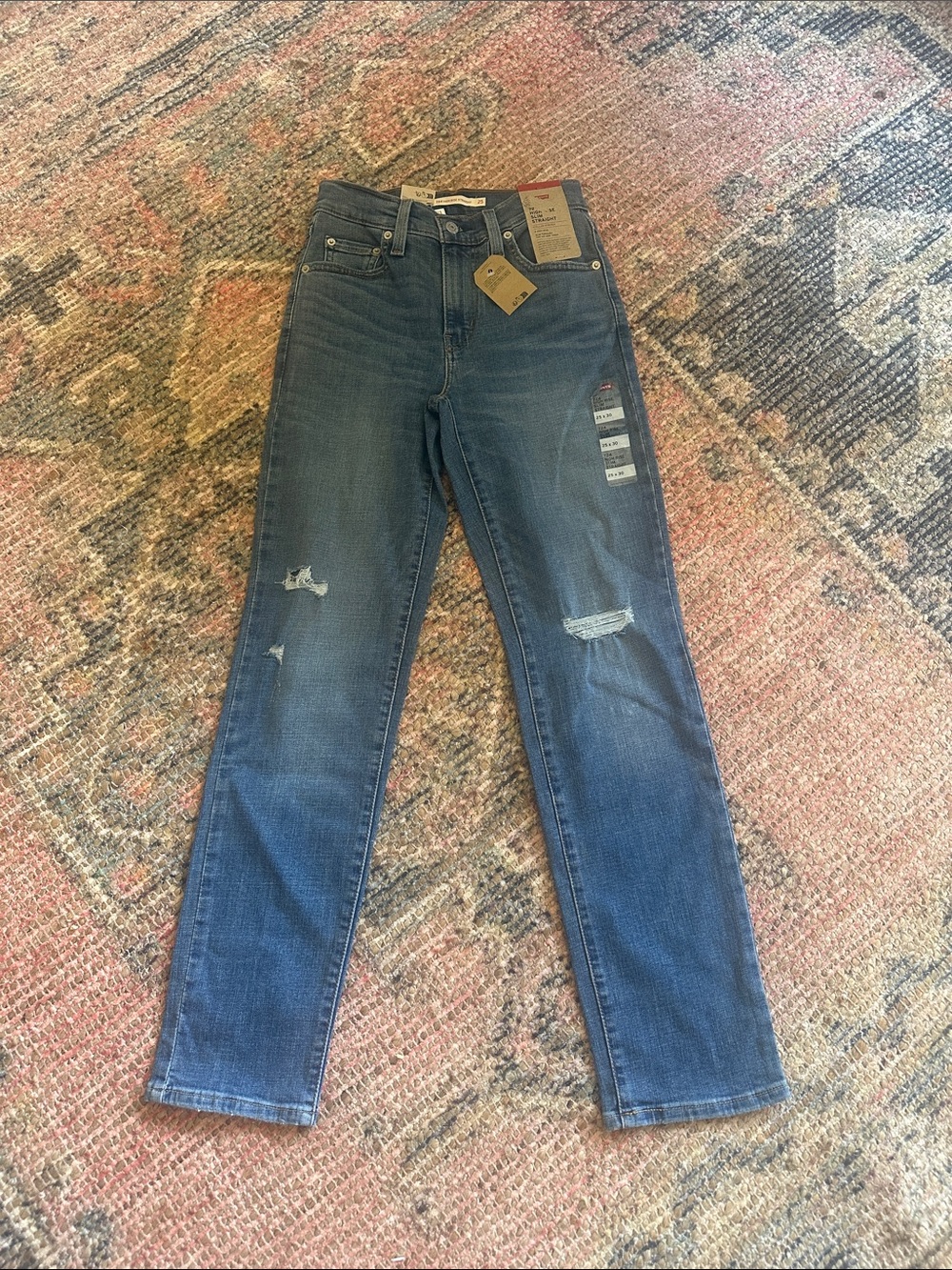 High-Rise Slim Straight Jeans in Medium Blue with Distressed Detail